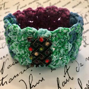 Handmade SLIP-ON CUFF in Shades of Blue and Green Fiber Embellished w/Vtg Charm